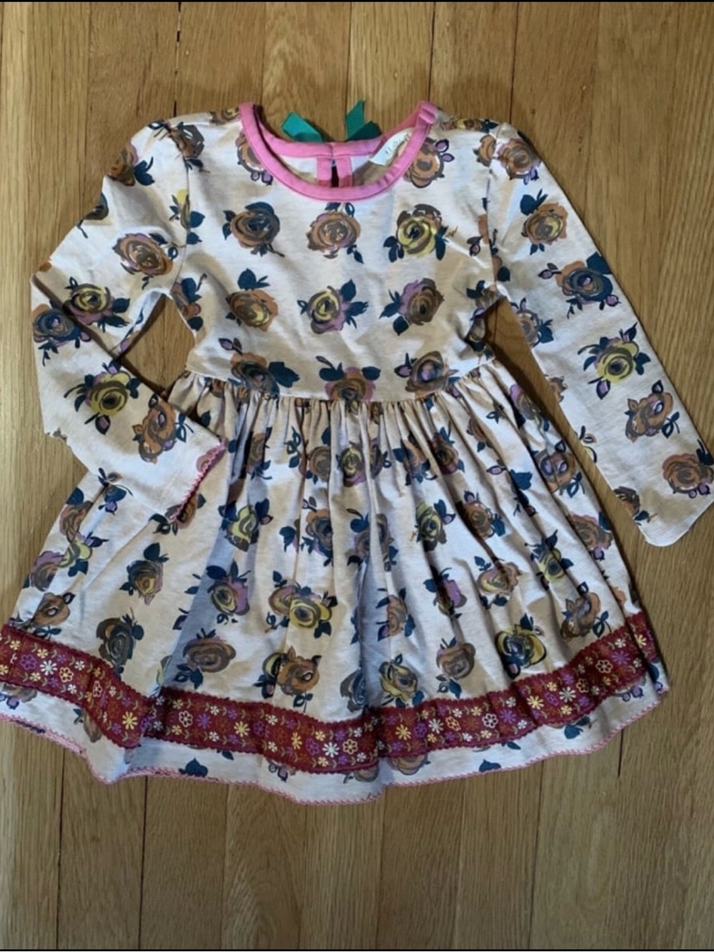 Matilda Jane Cream Floral Long-Sleeve Twirl Dress with Pink Trim